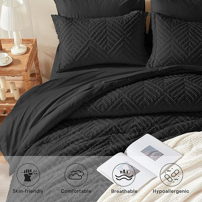 Zzlpp Twin Comforter Set 5 Pieces, Black Tufted Bed in a Bag with Comforter and Sheets, All Season Boho Bedding Sets with 1 Comforter, 1 Pillow Sham, 1 Pillowcase, 1 Flat Sheet, 1 Fitted Sheet
