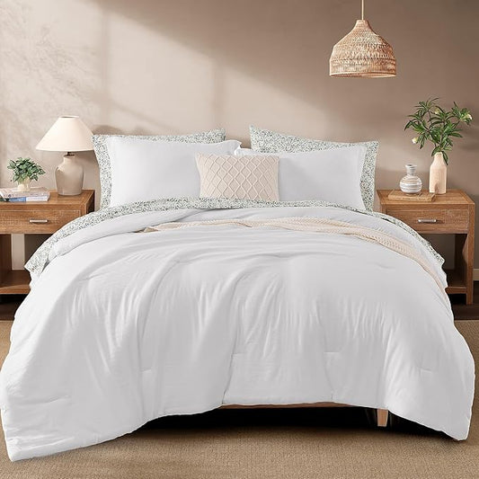 Monbix Full Size Comforter Set - 7 Pieces White Prewashed Bed in a Bag Full Bedding Sets with Comforters, All Seasons Ultra Soft Comforter Bed Set with Sheets, Pillowcases & Shams
