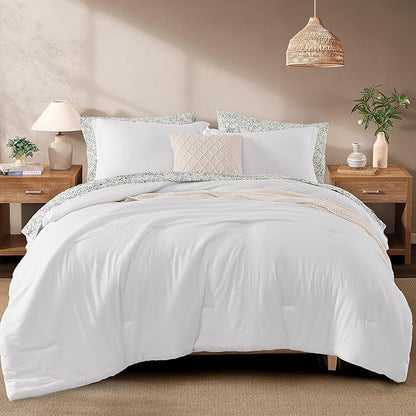 Monbix Queen Comforter Set - 7 Pieces White Prewashed Bed in a Bag Queen Bedding Sets with Comforters, All Seasons Ultra Soft Comforter Bed Set with Sheets, Pillowcases & Shams