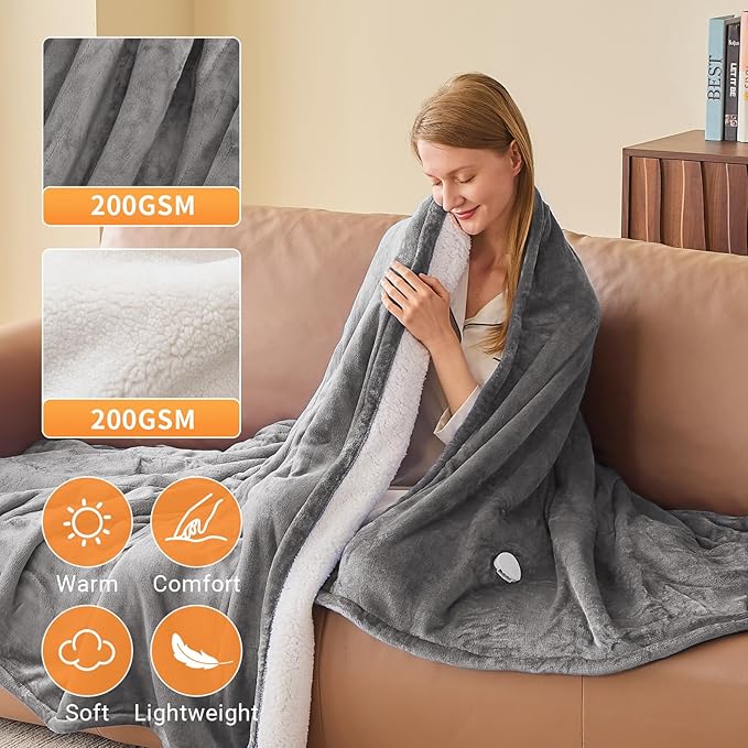 Electric Heated Blanket King Size 90''x100'' Soft Flannel & Sherpa Electric Blanket with 10 Heating Levels, Automatically Shut Down After 8h with Overheat Protection Machine Washable