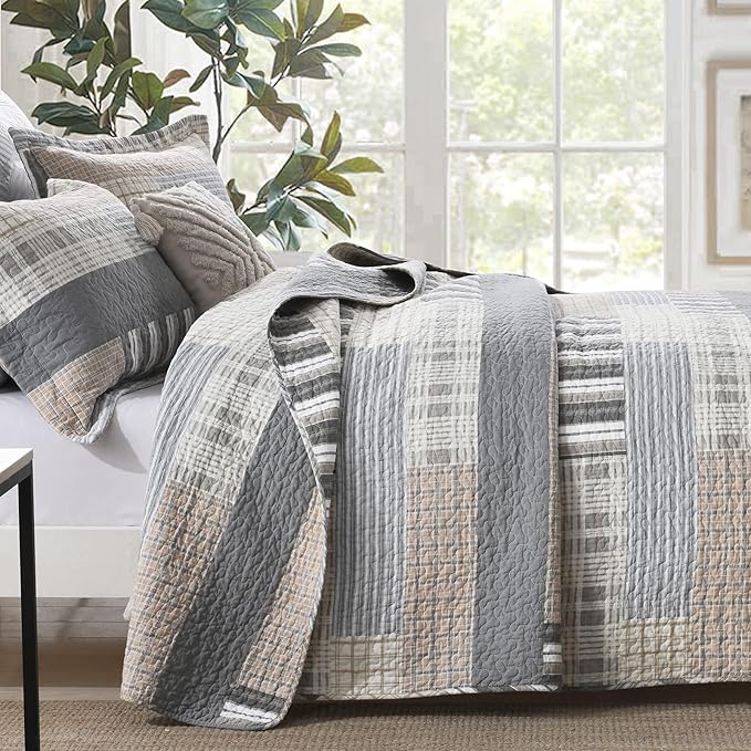 PANGUSHAN Quilt Set Queen Size, 100% Cotton Quilt Bedding Set Bedspreads, Patchwork Plaid Farmhouse Reversible Lightweight Comforter Bed Spread for Queen Bed, Gray/Brown, 3 Pieces