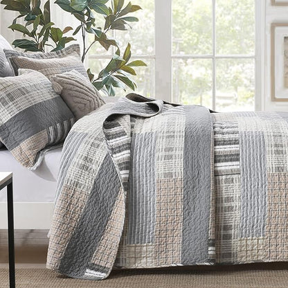 PANGUSHAN Quilt Set King Size, 100% Cotton Quilt Bedding Set Bedspreads, Patchwork Plaid Farmhouse Reversible Lightweight Comforter Bed Spread for King Bed, Gray/Brown, 3 Pieces