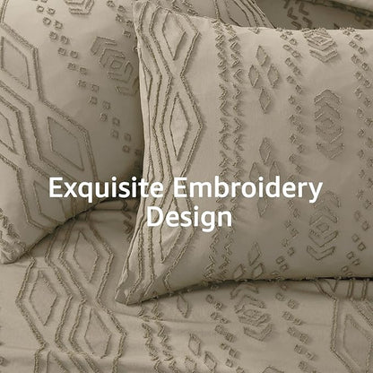WRENSONGE Full Size Comforter Set with Sheets - 7 Pieces Khaki Tufted Bed in a Bag Full Shabby Chic Bedding Sets with 1 Comforter, 2 Sheets, 2 Pillowcases & 2 Shams