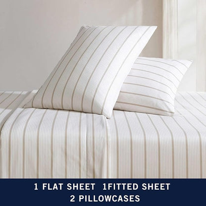 Nautica - Full Sheets, Premium Cotton Percale Bedding Set, Striped Home Decor, Oeko-Tex Certified (Merrick Stripe Beige, Full)