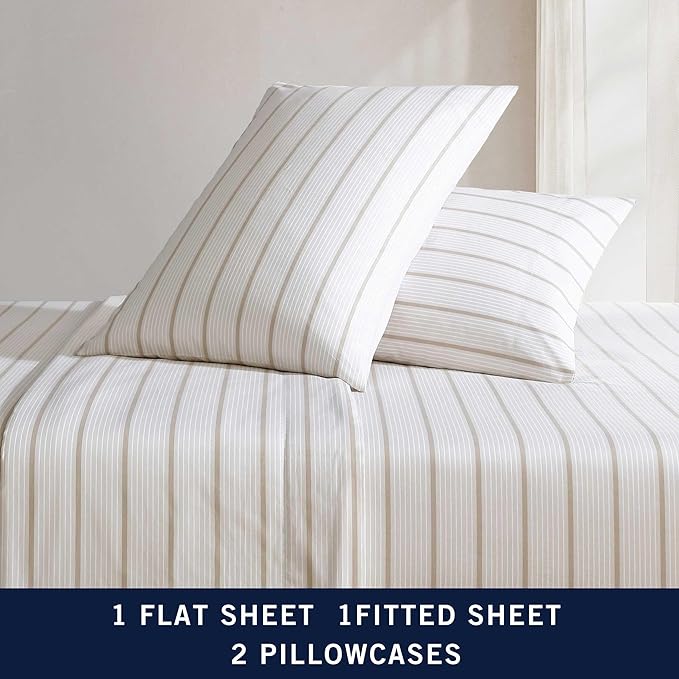 Nautica - Twin XL Sheets, Premium Cotton Percale Bedding Set, Striped Home Decor, Oeko-Tex Certified (Merrick Stripe Beige, Twin XL)