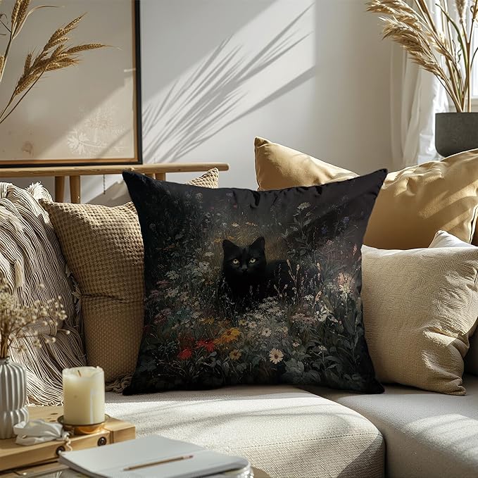 Vintage Floral Black Cat Pillow Covers 18x18, cat Gifts for Women,Dark Cottagecore Flower Decor, Gothic Moody Black Kitten Pillowcase for Prayer Room，Aesthetic Black Cats Vintage Cats Decor