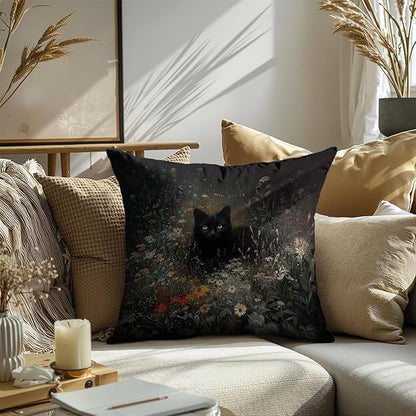 Vintage Floral Black Cat Pillow Covers 18x18, cat Gifts for Women,Dark Cottagecore Flower Decor, Gothic Moody Black Kitten Pillowcase for Prayer Room，Aesthetic Black Cats Vintage Cats Decor