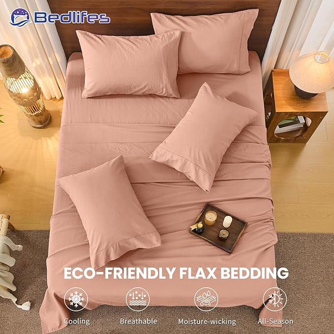 Bedlifes 100% French Pure Linen Sheets California King Size Breathable and Cooling Flax Sheet Set Soft Durable and Moisture Wicking 16 Inch Deep Pocket-4 Piece(Cal King,Blush Pink)