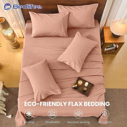 Bedlifes 100% French Pure Linen Sheets California King Size Breathable and Cooling Flax Sheet Set Soft Durable and Moisture Wicking 16 Inch Deep Pocket-4 Piece(Cal King,Blush Pink)