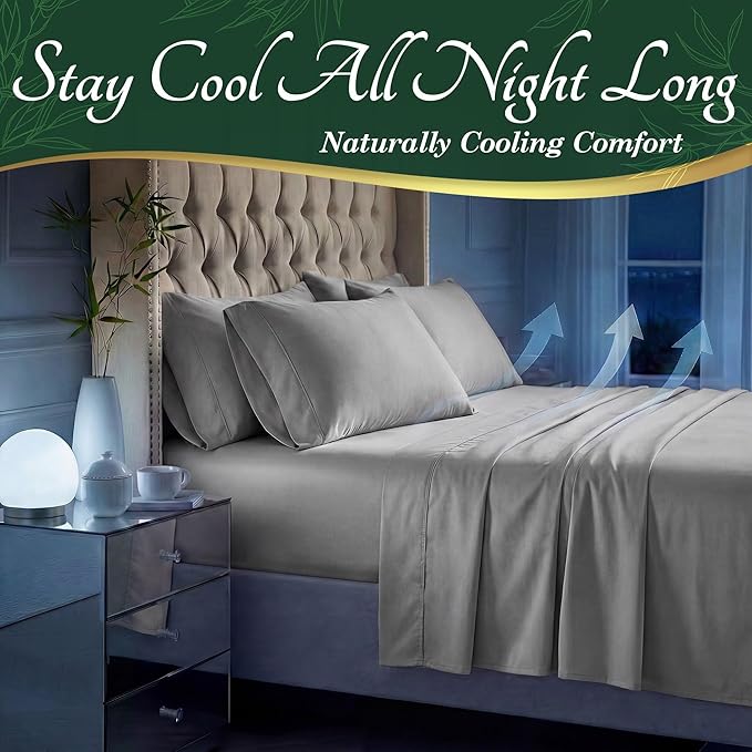 DECOLURE 100% Viscose Derived from Bamboo Sheets Full Size - Luxury 6 Pc Naturally Cooling Sheets, Ultra Soft Bed Set - Deep 17" Pockets, Durable Double Stitching, Oeko Tex Standard (Light Grey)