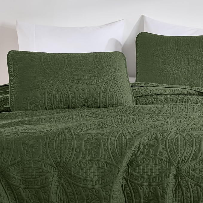Chezmoi Collection Austin King Oversized Bedspread Set, 3-Piece Pinsonic Quilted Lightweight Microfiber Bedspread Coverlet, Olive Green | Oversized, Lightweight, Fade Resistant