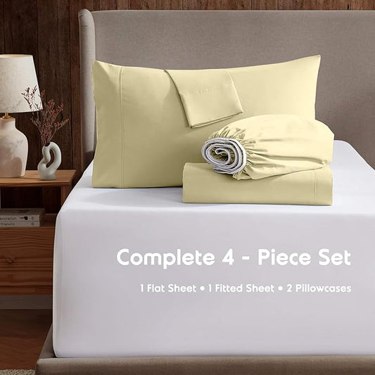 nestl Luxury Queen Sheet Set - 4 Piece Extra Soft 1800 Microfiber-Deep Pocket Bed Sheets with Fitted Sheet, Flat Sheet, 2 Pillow Cases-Breathable, Hotel Grade Comfort and Softness - Vanilla Yellow