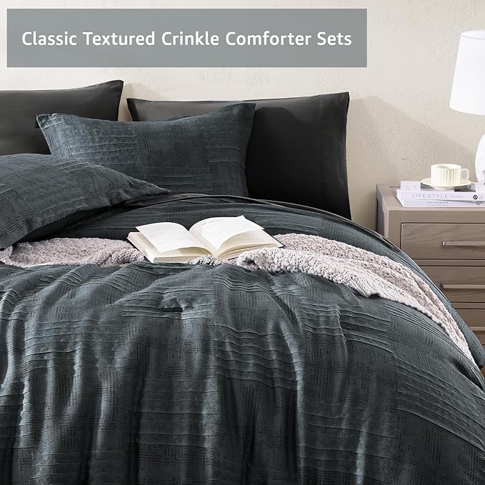 MaiRêve Queen Comforter Set Blue Grey, Textured Design Crinkle Bedding Sets 7 Pieces, All Season Bed in A Bag with Comforter, Sheets, Pillowcases & Shams