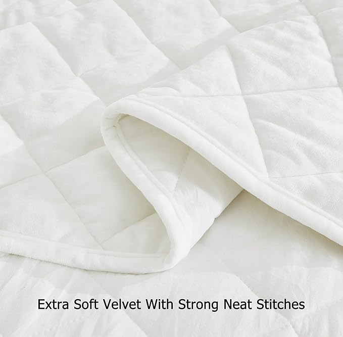 Chezmoi Collection Lux Cream White Velvet Quilt Queen Set, 3-Piece Plush Distressed Velvet Bedding All Season Lightweight Comforter Brushed Microfiber Reverse with Diamond Stitch Quilting