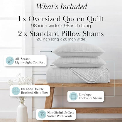 Southshore Fine Living, Inc. Queen Quilt Set, Full Size Bedspread with 2 Matching Pillow Shams, Soft Microfiber Lightweight Quilts, Queen Size Coverlet, Easy Care Machine Washable, Light Grey