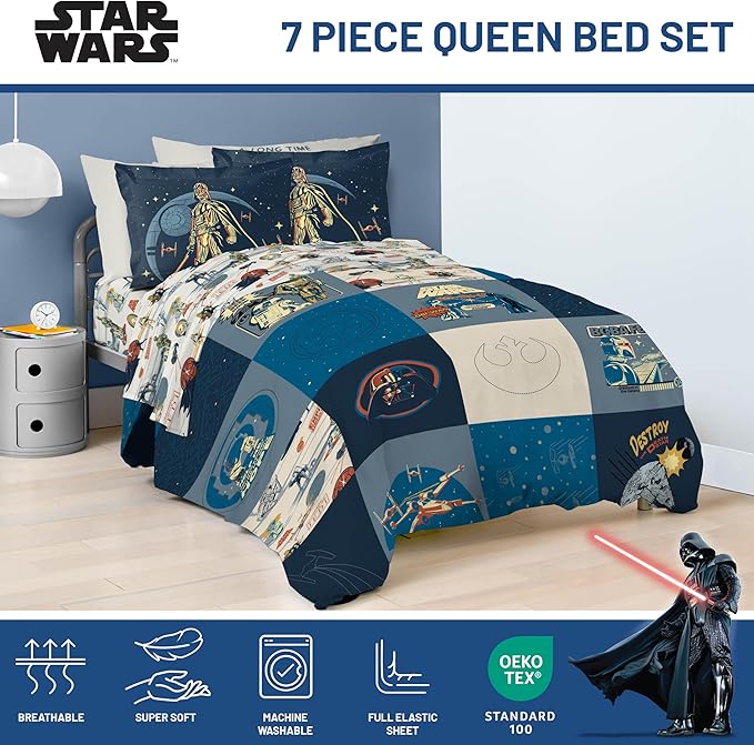 Jay Franco Kids Comforter Set Includes Sheets and Pillow Covers - Soft and Cozy Bed Set for Stylish Room Decor, Blue - Star Wars 01, 7 Piece Queen Bedding