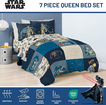 Jay Franco Kids Comforter Set Includes Sheets and Pillow Covers - Soft and Cozy Bed Set for Stylish Room Decor, Blue - Star Wars 01, 7 Piece Queen Bedding