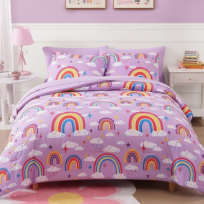 Full Kids Comforter Set - 7 Pieces Full Bedding Sets for Girls Teen, Glow in The Dark Purple Rainbow Bed in A Bag with Sheets
