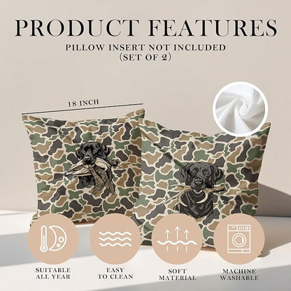 Vintage Camo Labrador Retriever Mallard Duck Throw Pillow Covers 18x18 Set of 2, Dog Hunting Pillowcase, Camouflage Farm Animal Decorative Pillow Covers,Camouflage Wild Animal Decor（84）