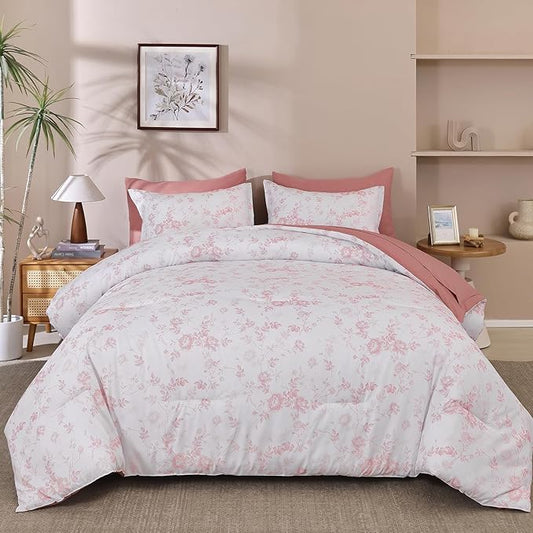 Luxudecor Floral Queen Comforter Set 7 Pieces Bed in a Bag, Blush Pink Rose Romantic Flower Bed Set, Soft Reversible Comforter with Sheet Set 90"x90"