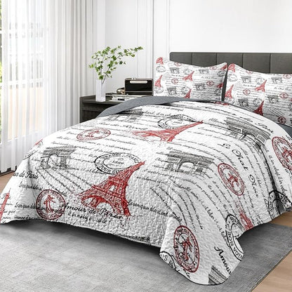 Quilt Set King Size, Paris Vintage Eiffel Tower 3 Pcs Soft Bed Cover Bedding Set for Kids and Adults, France Old Iron Lightweight Bedspread Coverlet with Pillow Sham for All Season
