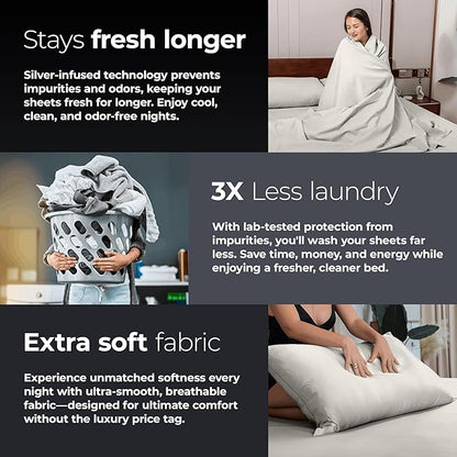 Silvery Silver Infused Bed Sheets Set - Ultra-Soft Temperature-Regulating Fabric with Self-Cleaning Technology™ That Stays Fresh 3X Longer for Hygienic Sleep