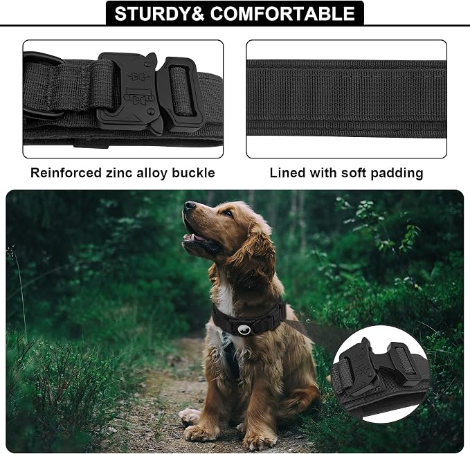 Tactical AirTag Dog Collar Leash Set - Heavy Duty, Adjustable GPS Collar | Compatible with Apple AirTag, with Holder & Control Handle for Medium/Large Dogs [Black, XL]