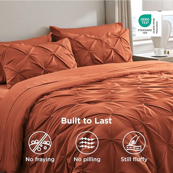 Bedsure Twin XL Comforter Set - Extra Long 5 Pieces Dorm Bedding Sets, GentleSoft™ Pinch Pleat Burnt Orange Bed in a Bag with Pintuck Comforter, Sheets, Pillowcase & Sham