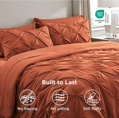 Bedsure Twin XL Comforter Set - Extra Long 5 Pieces Dorm Bedding Sets, GentleSoft™ Pinch Pleat Burnt Orange Bed in a Bag with Pintuck Comforter, Sheets, Pillowcase & Sham