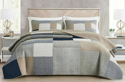 Chezmoi Collection Addy 3-Piece Navy Blue White Gray Taupe Plaid Patchwork Quilt Set - Pre-Washed Cotton Quiltd Lightweight Reversible Bedspread for All Seasons, Oversized King Size