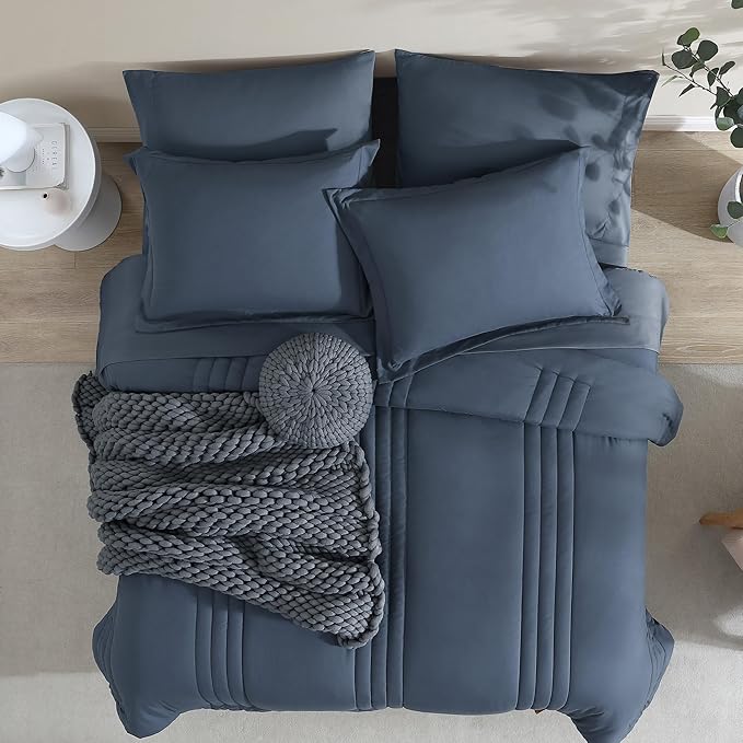Monbix Full Size Comforter Set - 7 Pieces Blue Grey Bed in a Bag Full Size Bedding Sets with Comforters, All Seasons Comforter with Sheets, Pillowcases & Shams