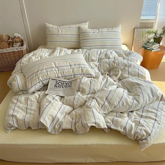 EAVD Retro Striped Duvet Cover Set Twin Size 100% Cotton Chic Stripes Printed Bedding Set with 2 Pillowcases Vintage Geometric Pattern Duvet Cover with Zipper Closure(Yellow&Purple&Blue, Twin)