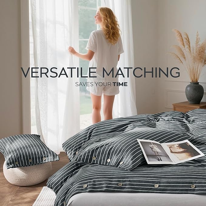 JELLYMONI Cotton Duvet Cover Full Size - Gray Pinstriped Comforter Cover with Button 100% Washed Cotton 3PCS Breathable Soft Solid Bedding Set Duvet Cover 80×90in & 2 Pillowcases (NO Comforter)