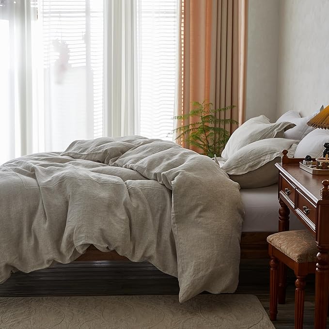 Simple&Opulence 100% Washed Linen Duvet Cover Set 78"x86" - 3 Pieces Soft Farmhouse Comforter Set Double Embroidered with Button Closure - 1 Duvet Cover and 2 Pillowshams (Linen, Full)