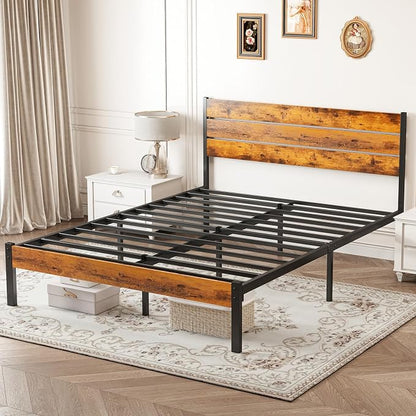 OLIXIS Queen Platform Bed Frame with Wooden Headboard and Footboard, Heavy Duty Metal Slat Mattress Base, 800 LBS Weight Capacity, Sturdy Stable Structure, No Box Spring Needed, Quick Simple Assembly