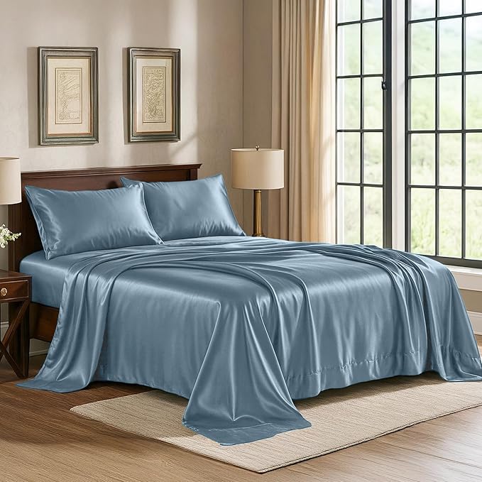 Pure Bedding Satin Sheets Twin [3-Piece, SkyBlue] Hotel Luxury Silky Bed Sheets - Extra Soft 1800 Microfiber Sheet Set, Wrinkle, Fade, Deep Pocket Fitted Sheet, Flat Sheet, Pillow Cases