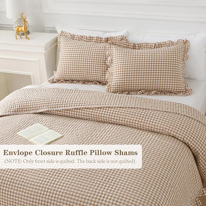 Taupe White Ruffle Gingham Quilt Set Queen Size with Pillow Shams, 100% Washed Cotton Yarn-Dyed Quilted Bedspread Bedding Set (Taupe, Queen)
