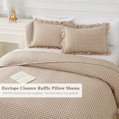 Taupe White Ruffle Gingham Quilt Set Queen Size with Pillow Shams, 100% Washed Cotton Yarn-Dyed Quilted Bedspread Bedding Set (Taupe, Queen)