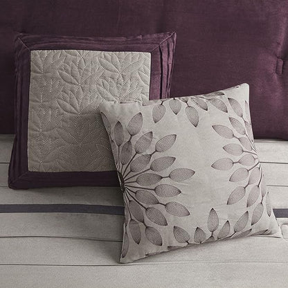 Madison Park Palmer Comforter Set - Faux Suede Design, Striped Accent, All Season Down Alternative Bedding, Matching Shams, Decorative Pillow, Bed Skirt, Full (82 in x 90 in), Purple 7 Piece