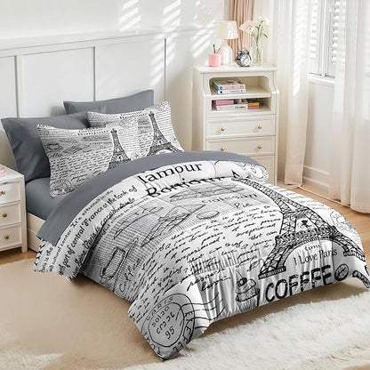 Nesker Comforter Set Twin Size, Retro Eiffel Tower Paris 5 Pcs Bedding for Kids and Adults, Vintage French Cafe Bed Sheet Sets with Fitted Sheet Pillowcase & Sham