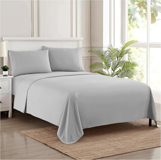 RV Queen Bed Sheets - Breathable Luxury Sheets with Full Elastic & Secure Corner Straps Built In - 1800 Supreme Collection Extra Soft Deep Pocket Bedding Set, Sheet Set, RV Short Queen, Silver