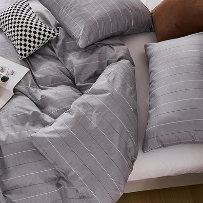 Merryword 100% Cotton Stripe Duvet Cover Set Queen Size - Gray Striped Duvet Cover Set with Zipper Closure & 8 Corner Ties, Modern Minimalist Wide Stripe Bedding Set for Cozy Elegant Bedroom