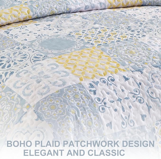 Dobuyly California King Quilt Set 3 Pieces, Yellow/Blue/Grey Patchwork Bedspreads, Boho Summer Coverlet Set, Soft Lightweight Microfiber Cal King Bedding Set for All Seasons 112"x96"