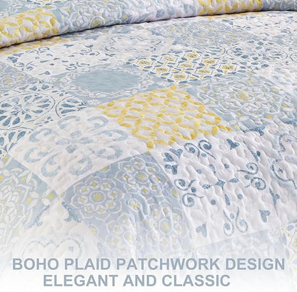 Dobuyly California King Quilt Set 3 Pieces, Yellow/Blue/Grey Patchwork Bedspreads, Boho Summer Coverlet Set, Soft Lightweight Microfiber Cal King Bedding Set for All Seasons 112"x96"