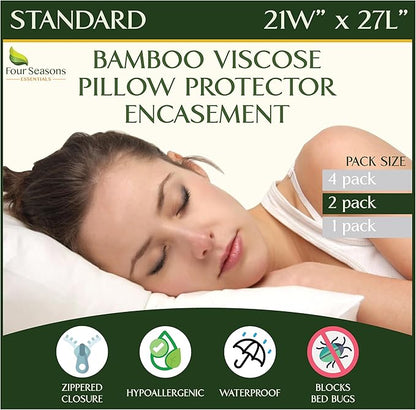 Four Seasons Essentials Standard Size Waterproof Pillow Protectors (Set of 2) - Natural Viscose derived from Bamboo Pillow Covers - Zippered Encasements for 20" x 26" Pillows
