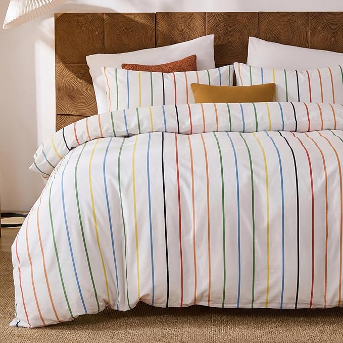Merryword Rainbow Striped Duvet Cover Set Queen Size, 100% Cotton Bedding Set with Zipper Closure & 8 Corner Ties, Luxury Linen Like Bedding, Soft Breathable Comforter Cover for All Seasons