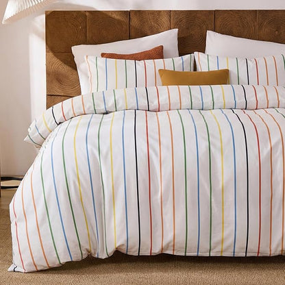 Merryword Rainbow Striped Duvet Cover Set Queen Size, 100% Cotton Bedding Set with Zipper Closure & 8 Corner Ties, Luxury Linen Like Bedding, Soft Breathable Comforter Cover for All Seasons