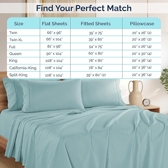 Casa Platino Split King Sheets Sets – 100% Cotton Split King Sheets Cooling with 4 Pillowcases, 15" Deep Pocket Fitted Sheet, Crisp & Smooth Feel, Ultra Soft & Cozy, Fit – Blue Sky