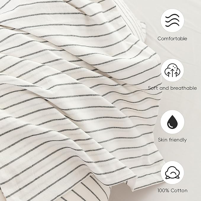 MooMee Bedding Pillowcases Striped Pack of 2 100% Washed Cotton Linen Like Textured Breathable Durable Soft Comfy (White Dark Grey Wide Stripes, Standard)