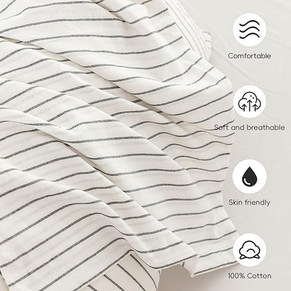 MooMee Bedding Pillowcases Striped Pack of 2 100% Washed Cotton Linen Like Textured Breathable Durable Soft Comfy (White Dark Grey Wide Stripes, Standard)